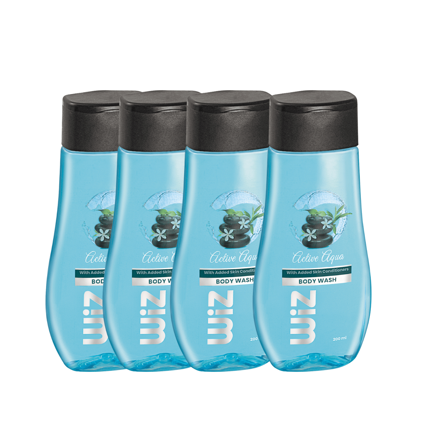 Wiz Active Aqua Classic Body Wash Flip Top Bottle - 200ml Pack of 4, Shower Gel with Pleasing Aroma, Added Skin Conditioners for Smooth Skin