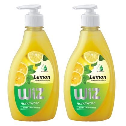 WiZ pH-Balance Moisturizing Lemon Liquid Handwash with Refreshing Fragrance, Complete Protection for Soft & Gentle Hands - Dispenser Bottle 450ml Pack of 2
