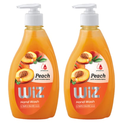 WiZ pH-Balance Moisturizing Peach Liquid Handwash with Refreshing Fragrance, Complete Protection for Soft & Gentle Hands - Dispenser Bottle 450ml Pack of 2