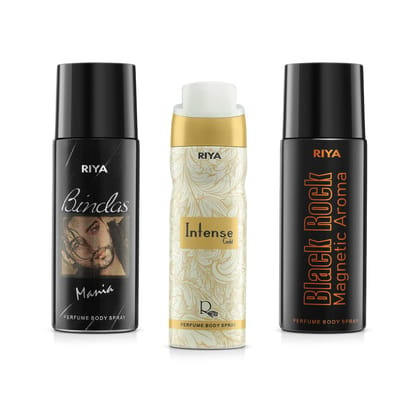 Riya Bindas And Intense Gold And Black Rock Body Spray Deodorant For Men's Pack Of 3