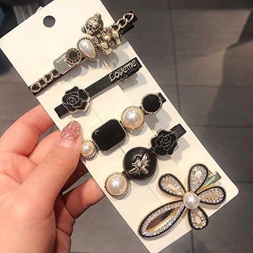 Akashkrishna 5 Piece Korean Style Pearl Metal Hair clips, Plastic Pearl Barrettes Hairpin for Women & Girls(Black)