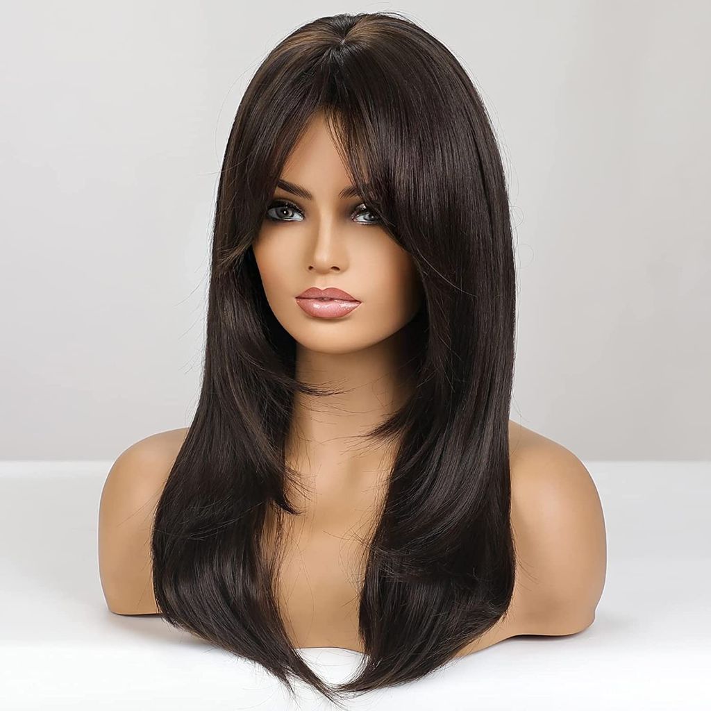 Akashkrishna Long Dark Brown Hair Wigs for Women, Synthetic Hair Wig with Bangs for Daily Use With Comb