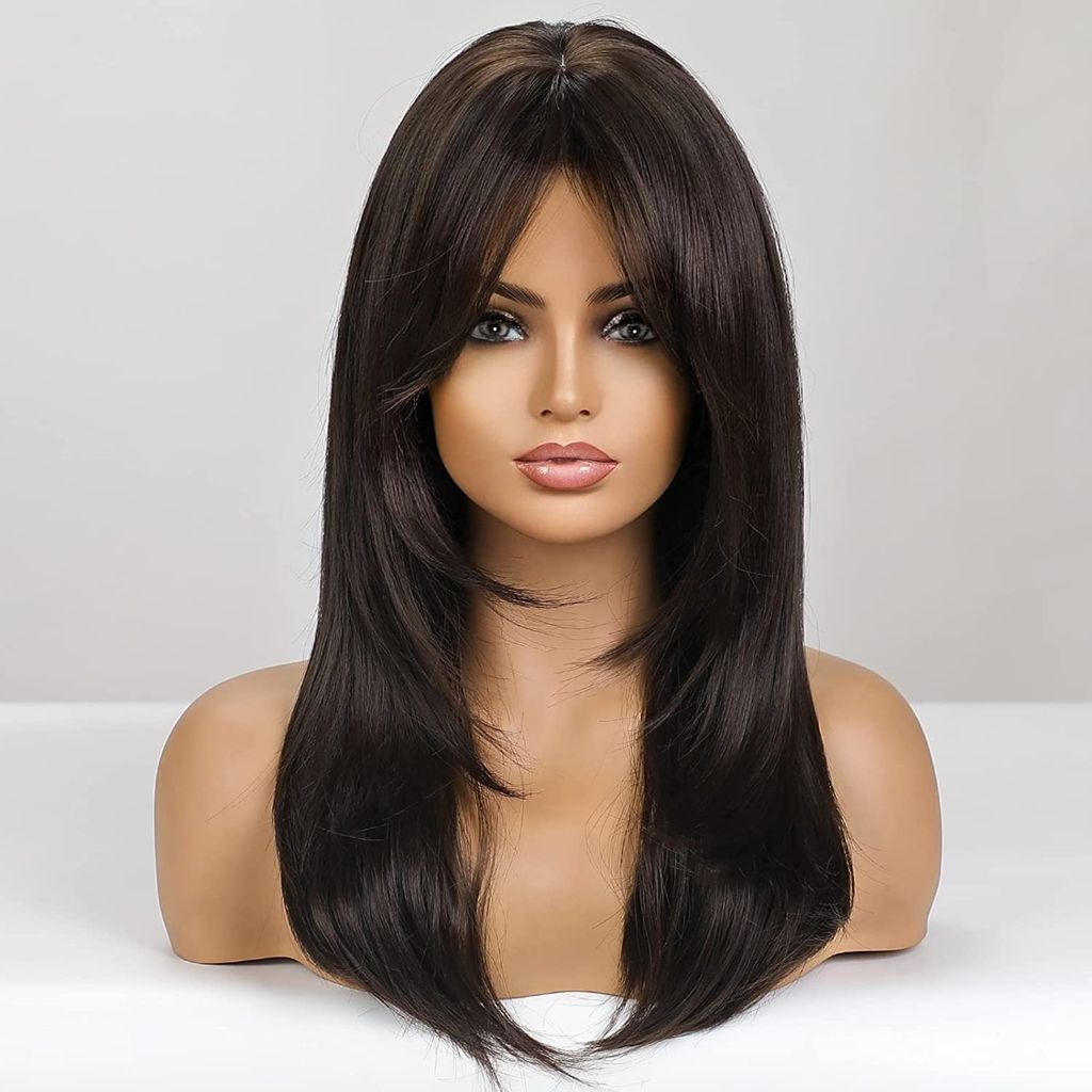 Akashkrishna Long Dark Brown Hair Wigs for Women, Synthetic Hair Wig with Bangs for Daily Use With Comb