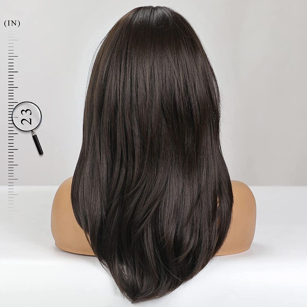Akashkrishna Long Dark Brown Hair Wigs for Women, Synthetic Hair Wig with Bangs for Daily Use With Comb