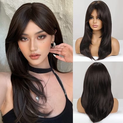 Akashkrishna Long Dark Brown Hair Wigs for Women, Synthetic Hair Wig with Bangs for Daily Use With Comb