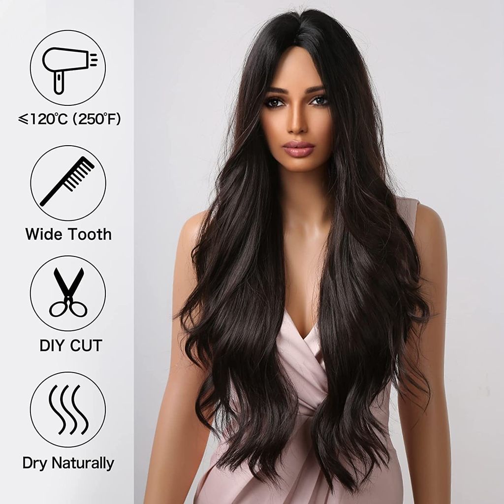 AkashKrishna Brown Wavy Wig For Women Long Synthetic Middle Parting Wigs for Women Curly Wavy Wigs Heat Resistant Hair Replacement Wig for Daily Party Use 24 Inches