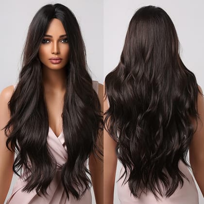 AkashKrishna Brown Wavy Wig For Women Long Synthetic Middle Parting Wigs for Women Curly Wavy Wigs Heat Resistant Hair Replacement Wig for Daily Party Use 24 Inches