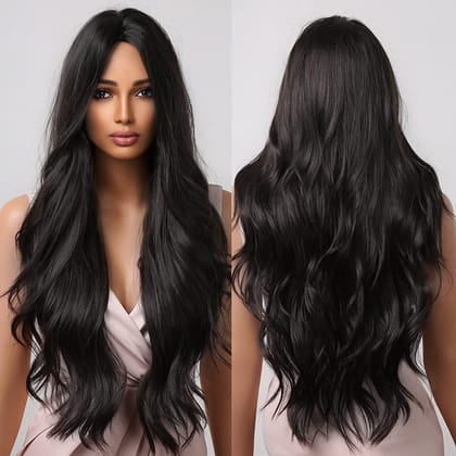 Akashkrishna Hair Wig Long Black Hair Wig for Women Curly Synthetic Hair Middle Part Hair Wig Heat Resistant Fiber (Black)