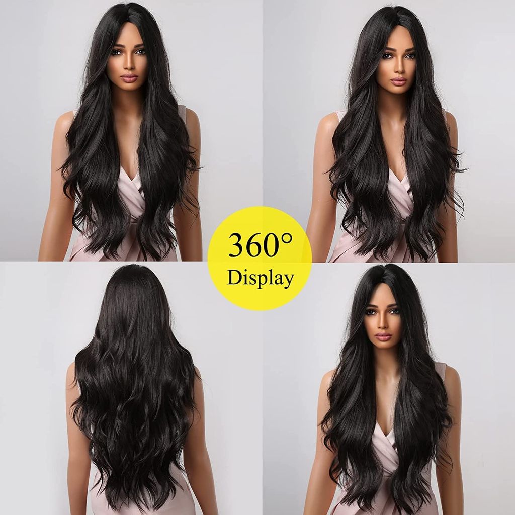 Akashkrishna Hair Wig Long Black Hair Wig for Women Curly Synthetic Hair Middle Part Hair Wig Heat Resistant Fiber (Black)