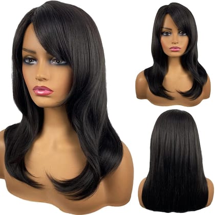 Akashkrishna Hair Wig For Women Short Black Wigs For Women Shoulder Length Wig With Natural Layered Synthetic Hair Wig For Daily Use (Black With Side-Bangs)