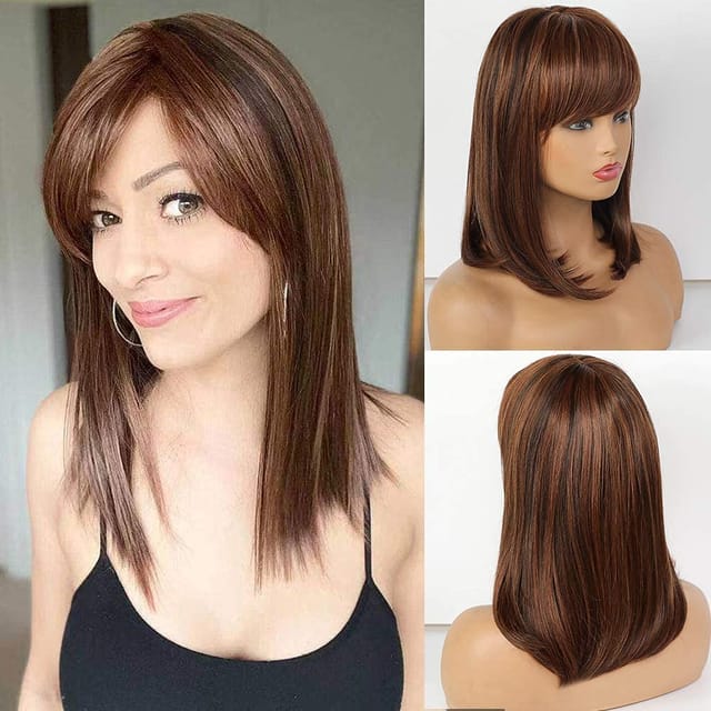 HAIRCUBE Dark Brown Bob Lace Front Human Hair Wig with Blonde Highlights Shoulder  Length Lob Hairstyle Remy Hair Wigs for Women