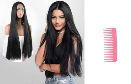 AkashKrishna Long Black Hair Wigs for Women Straight Synthetic Hair Middle Part Hair Wig Heat Resistant Fiber (Black)