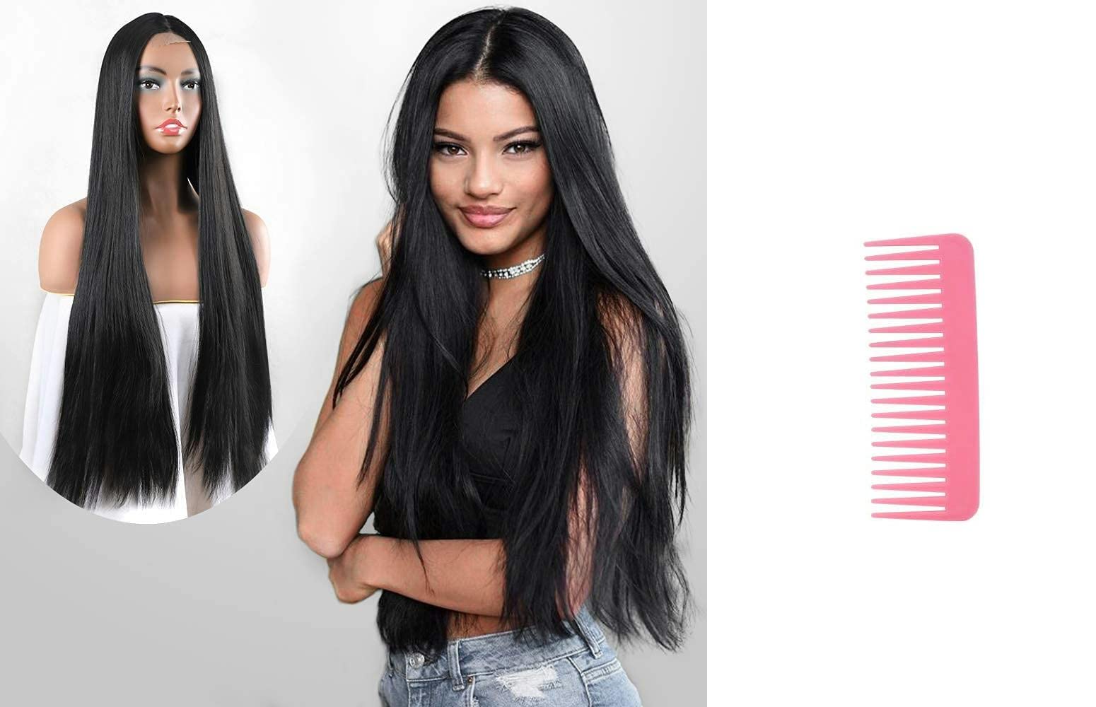 AkashKrishna Long Black Hair Wigs for Women Straight Synthetic Hair Middle Part Hair Wig Heat Resistant Fiber (Black)