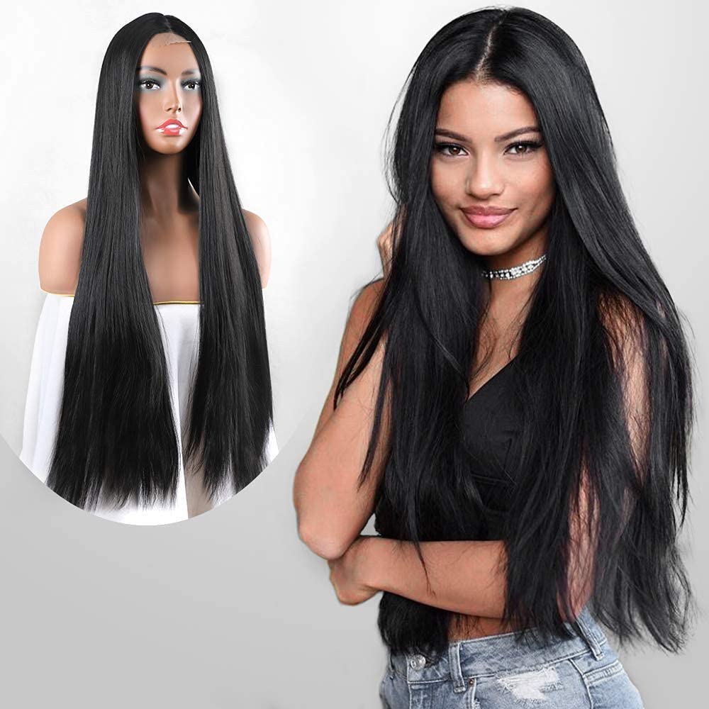AkashKrishna Long Black Hair Wigs for Women Straight Synthetic Hair Middle Part Hair Wig Heat Resistant Fiber (Black)