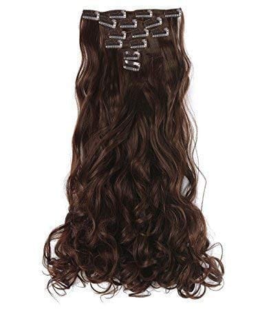 AkashKrishna 5 Clip In Curly Wavy Synthetic Hair Extensions (Dark Brown)