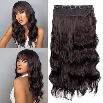 AkashKrishna 5 Clip In Curly Wavy Synthetic Hair Extensions (Dark Brown)
