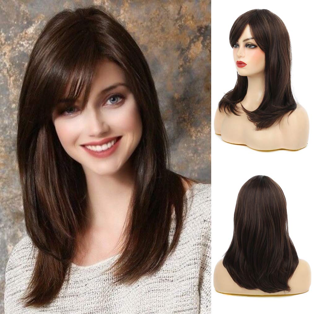 Akashkrishna Hair Wig Fashion Women Full Head Womens Wig Long Layered Dark Brown Wigs with Bangs Natural Looking Synthetic Heat Resistant Hair Wig With Cap and Comb