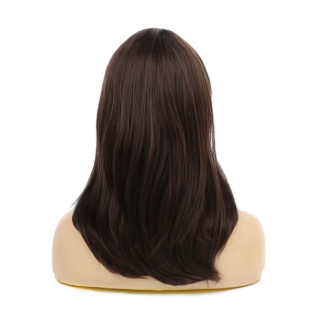 Akashkrishna Hair Wig Fashion Women Full Head Womens Wig Long Layered Dark Brown Wigs with Bangs Natural Looking Synthetic Heat Resistant Hair Wig With Cap and Comb