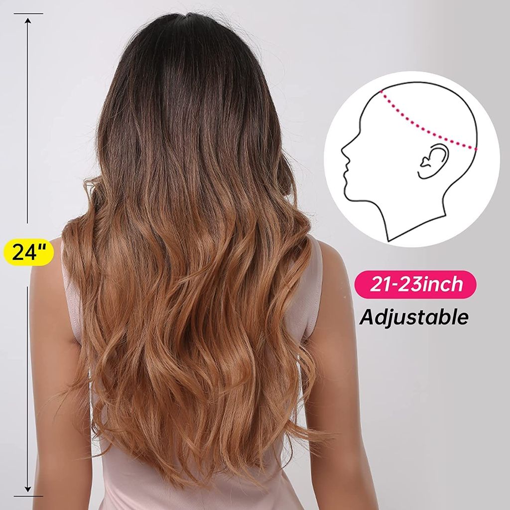 Akashkrishna Long Ginger Brown Wigs for Women Brown Ombre Natural Curly Synthetic Hair with Dark Roots Middle Part Body Wave Wig With Comb And Comb