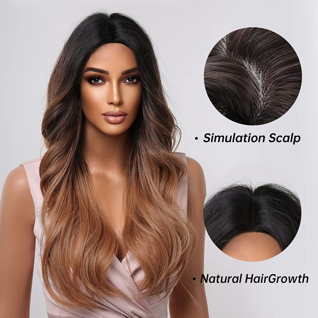 Akashkrishna Long Ginger Brown Wigs for Women Brown Ombre Natural Curly Synthetic Hair with Dark Roots Middle Part Body Wave Wig With Comb And Comb