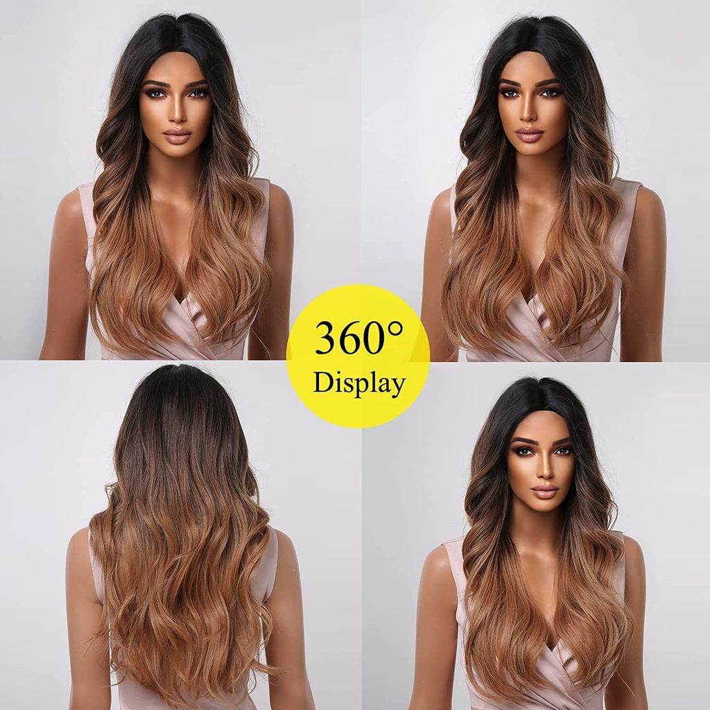 Akashkrishna Long Ginger Brown Wigs for Women Brown Ombre Natural Curly Synthetic Hair with Dark Roots Middle Part Body Wave Wig With Comb And Comb