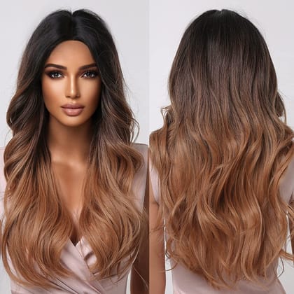 Akashkrishna Long Ginger Brown Wigs for Women Brown Ombre Natural Curly Synthetic Hair with Dark Roots Middle Part Body Wave Wig With Comb And Comb