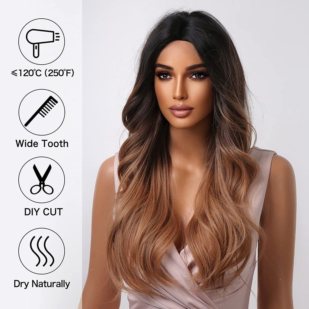 Akashkrishna Long Ginger Brown Wigs for Women Brown Ombre Natural Curly Synthetic Hair with Dark Roots Middle Part Body Wave Wig With Comb And Comb