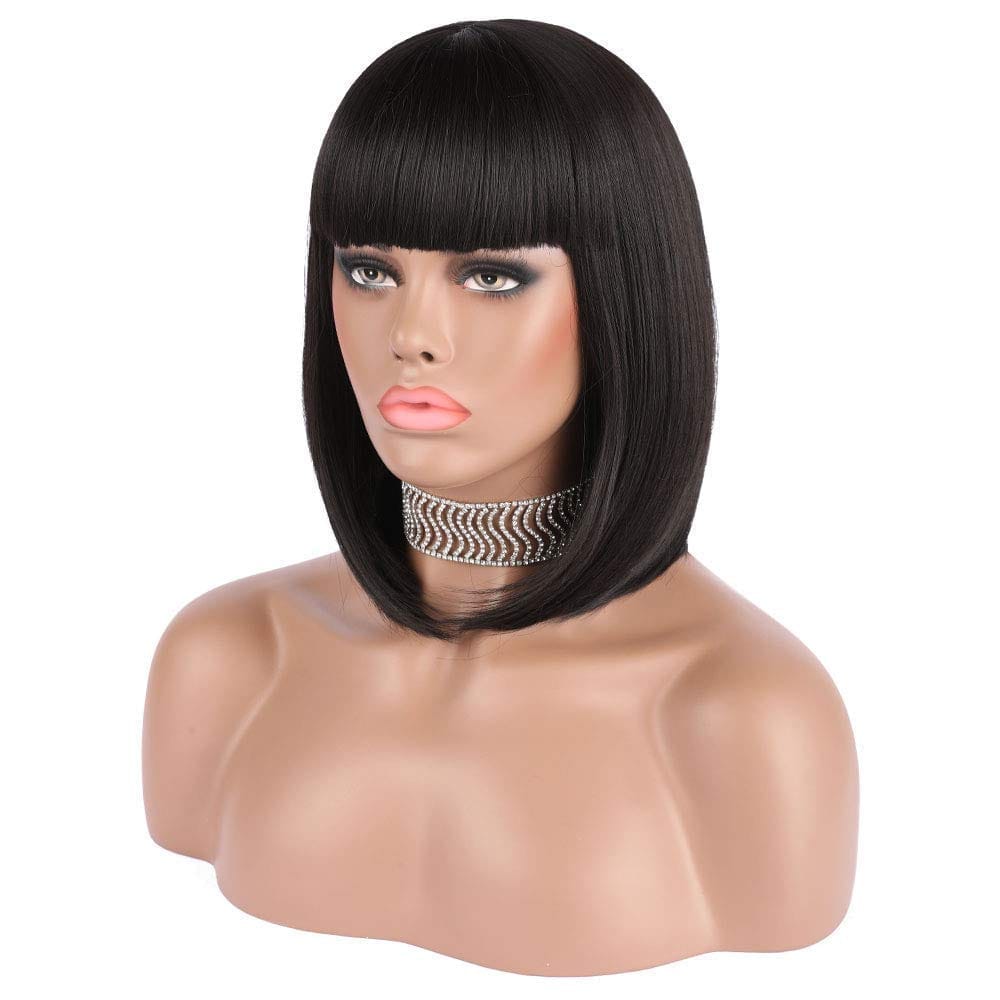 eNilecor Straight Short Hair Bob Wigs 12'' with Flat Bangs Cosplay Synthetic Wigs for Women Natural As Real Hair(Black)
