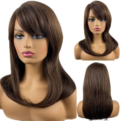 Akashkrishna Short Brown Wigs for Women Shoulder Length Hair Wig with Natural Layered Synthetic Wig for Daily Use (brown with side-bangs)
