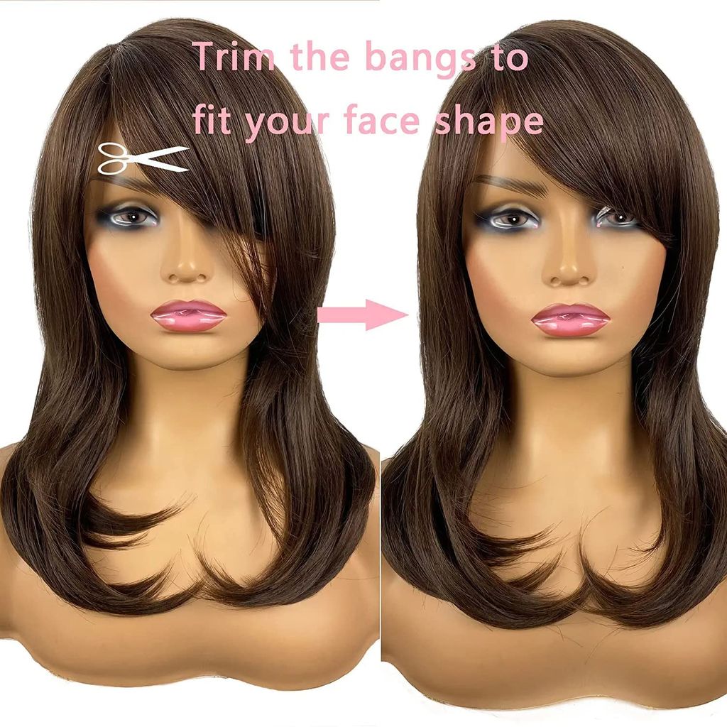 Akashkrishna Short Brown Wigs for Women Shoulder Length Hair Wig with Natural Layered Synthetic Wig for Daily Use (brown with side-bangs)