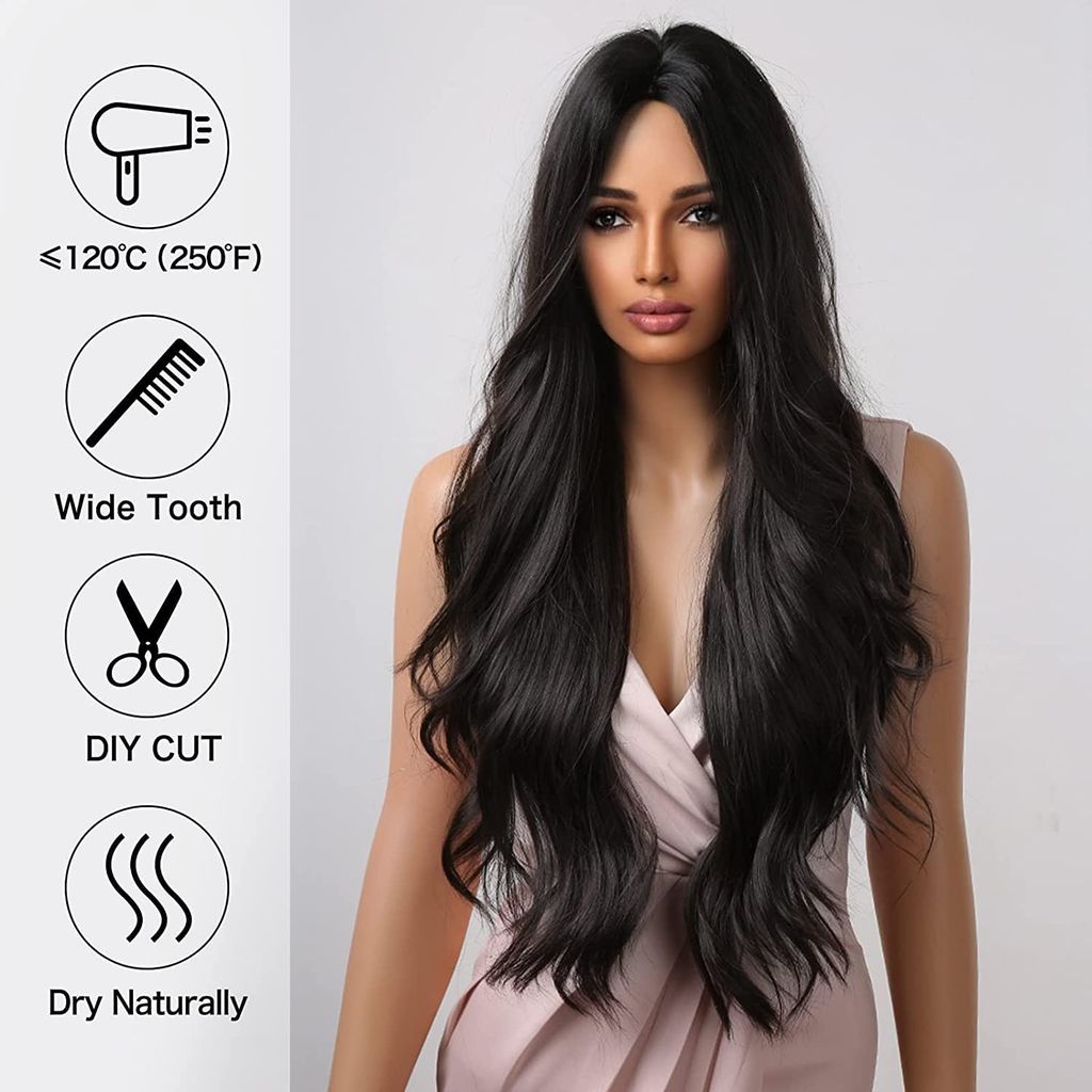 Akashkrishna Hairs Long Black Hair Wig for Women Curly Synthetic Hair Middle Part Hair Wig Heat Resistant Fiber (Black) with Cap and Comb