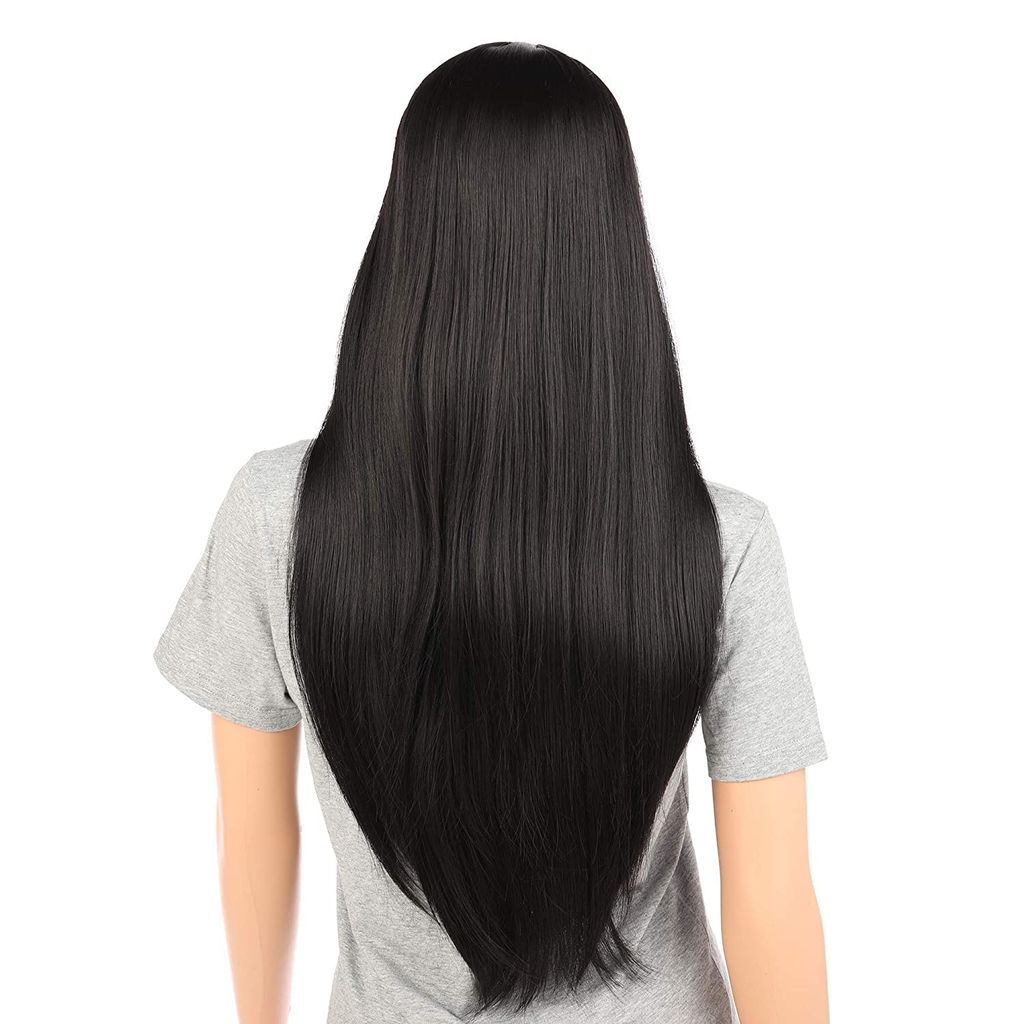 Akashkrishna Full Head Hair Wigs For Women Straight Synthetic Hair Wig Middle Parting Hair Wig Heat Resistant Synthetic Fiber (Black)