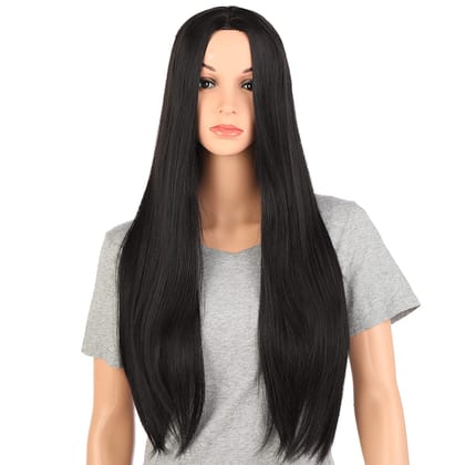Akashkrishna Full Head Hair Wigs For Women Straight Synthetic Hair Wig Middle Parting Hair Wig Heat Resistant Synthetic Fiber (Black)