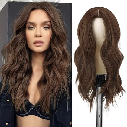Akashkrishna Hair Wig For Women Long Curly Brown Wigs For Women Middle Part Natural Dark Brown Wig Heat Resistant Synthetic Hair Wig for Daily Use