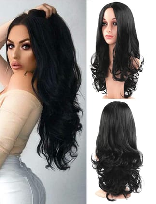 Akashkrishna Hair Long Curly Black Wig for Women Middle Part Natural Dark Black Wig Heat Resistant Synthetic Wig for Daily Use