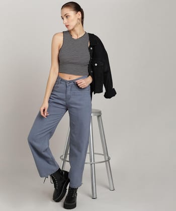 Grey High Rise Straight Wide Leg Jeans- 1204