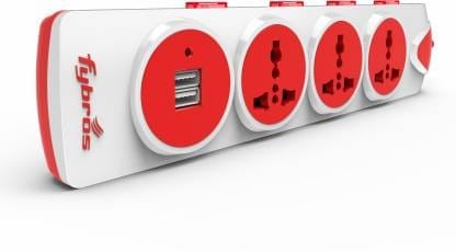 Fybros Qubic 4x4 International Sockets Power Extension Box 2 Metre Power Cable With Individual Switch, indicators and 2 USB Ports 3 Socket Extension Boards  (White, Red, 2 m, With USB Port)