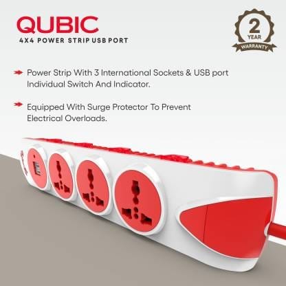 Fybros Qubic 4x4 International Sockets Power Extension Box 2 Metre Power Cable With Individual Switch, indicators and 2 USB Ports 3 Socket Extension Boards  (White, Red, 2 m, With USB Port)