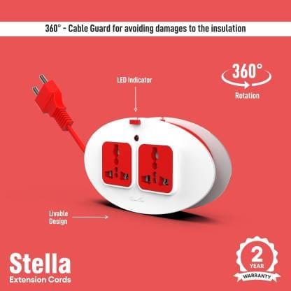 Fybros Stella 2 Pin 2 Socket Extension Cord Safety Shutter,Indicator & Heavy Duty Cable 2 Socket Extension Boards  (White, Red, 2.5 m)