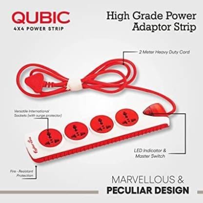Fybros 4x4 International Sockets Power Extension Box 2 Meter Power 4 Socket Extension Boards  (Red, 2 m)