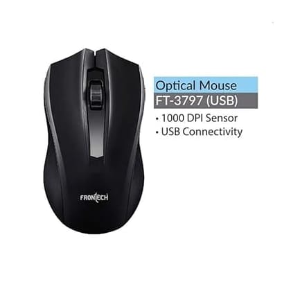 Frontech F-3797 Optical Wired Mouse | 1000 DPI Sensor | Plug & Play USB Mouse | Black