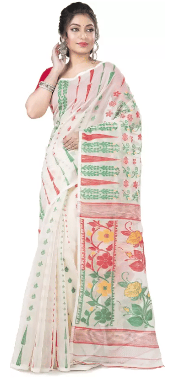 Self Design Jamdani Cotton Blend Saree  (Red)