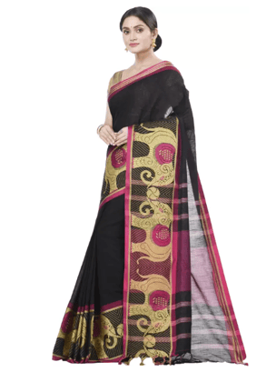 Woven Handloom Pure Cotton Saree  (Black)