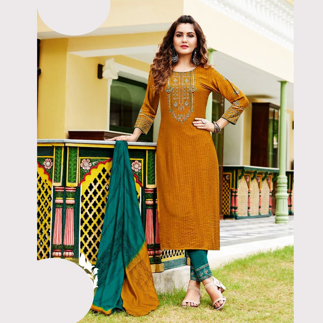 TALK BY FASHION Women Viscose Silk Kurta Sets with Trousers & Dupatta Yellow & Blue