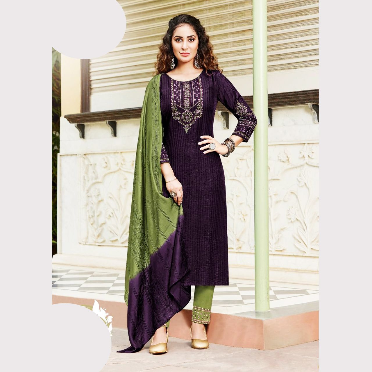 TALK BY FASHION Women Viscose Silk Kurta Sets with Trousers & Dupatta Purple & Green