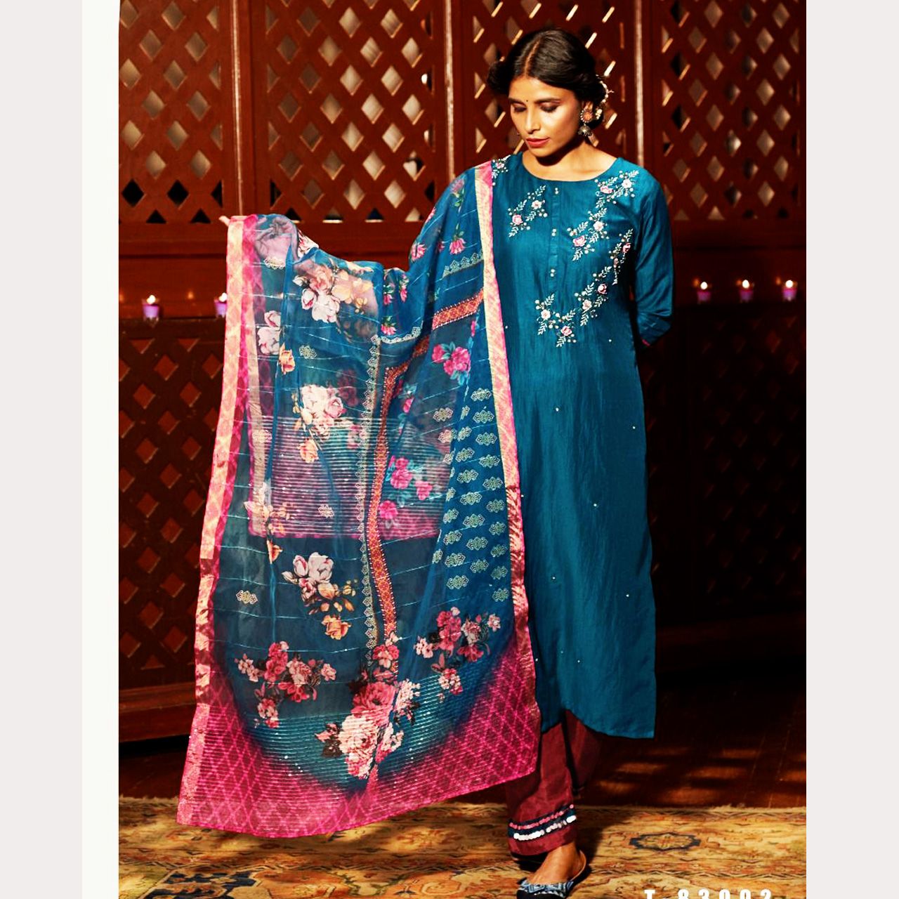 TALK BY FASHION Women Viscose Silk Embroidered Kurta with Pants & Dupatta Blue