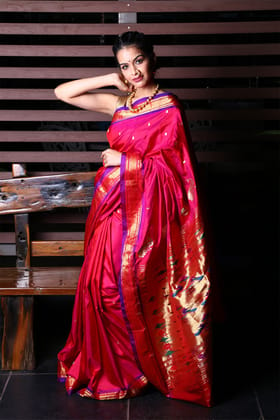 Pure Silk Yeola Handloom Paithani Saree with Double Pallu - Pretty Pink with Purple Border