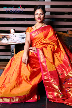 Pure Silk Yeola Handloom Orange Paithani Weave with Peach and Gold Border with Double Pallu