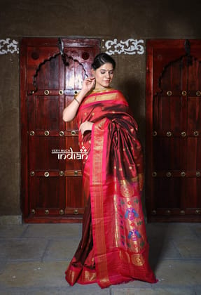 Rajsi~ Pure Silk Handloom - Maharani Paithani in Maroon with Pink Border, Floral Buttis all over saree, High Quality Silk