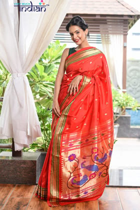 Pure Silk Yeola Handloom Deep Red Paithani Weave  with Double Pallu